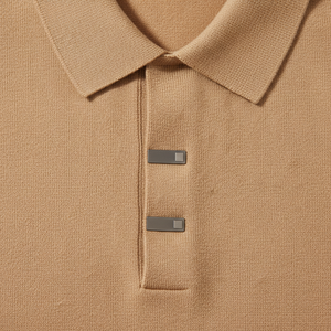 Men's Solid Beige Breathable Casual Knitted Embroidered Pure Cotton <b>Collar</b> <b>T</b>-<b>Shirt</b> Regular-fit - Product Image 3