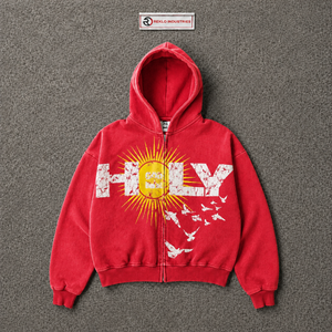 Sweat à capuche zippé rouge avec motif oiseau soleil sacré, coupe oversize, style streetwear vintage, imprimé vieilli, décontracté, unisexe, urbain, en promotion - Product Image 5