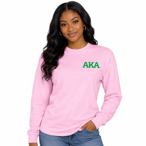Sisterhood World Famous Crest <b>Long</b> <b>Sleeve</b> Tee for Women Pink Classic Greek Lettered <b>V</b>-<b>Neck</b> <b>Top</b> Stylish Sorority Apparel - Product Image 1