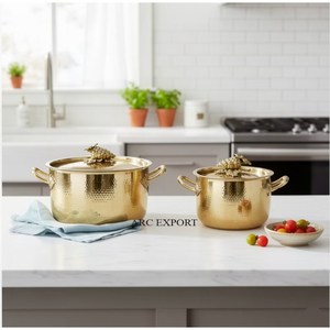 Casseroles de cuisine de luxe en acier inoxydable de qualité supérieure, finition cuivre antique, martelées à la main, avec poignées et couvercles dorés - Product Image 2