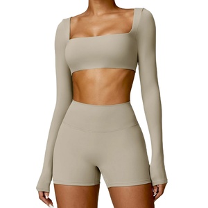 Traje deportivo de gimnasio de manga larga para mujer con decoraciones con agujeros de cremallera, 2 uds., Top corto atlético, Legging, ropa deportiva de entrenamiento, mono de Yoga - Product Image 4