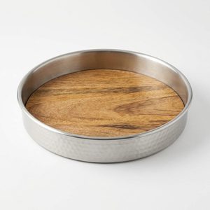 Plateau de service artisanal en acier inoxydable brossé SS304 33 cm, deux matériaux, bois Kaveri et marbre, décoration d'intérieur, accessoire de table pour hôtel et mariage - Product Image 1