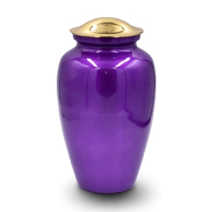 Urna Funeraria de Aluminio Brillante Color Púrpura Real con Tapa con Detalles en Latón Pulido - Recipiente para Cenizas de 200 Pulgadas Cúbicas, Directo de Fábrica - Product Image 1