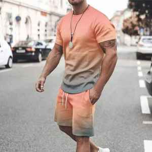 Ensemble T-shirt et short pour homme, motif floral dégradé, coton tissé, décontracté, respirant, deux pièces assorties, personnalisable - Product Image 6