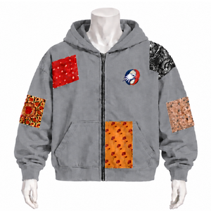Sweat à capuche gris en polaire d'hiver, patchwork, imprimé, avec fermeture éclair intégrale, coupe oversize, éco-responsable, décontracté - Product Image 1