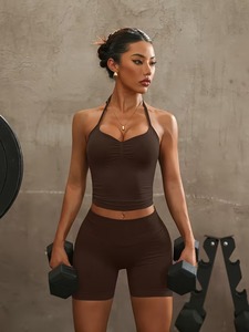 Womens 2 Pcs Yoga Suit Ruched <b>Halter</b> Cami <b>Bra</b> Tank and Cross Front Compression Shorts Set Seamless Gym Fitness Workout Outfits - Product Image 4