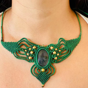 Handmade Labradorite Macrame <b>Statement</b> <b>Necklace</b> Green Intricate Wing Design Natural Gemstone Boho Healing Crystal Jewelry - Product Image 1