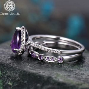 Bague de fiançailles Charm_Jewells pour femme en or rose avec améthyste taille poire, sertie pavé, style romantique - Product Image 5