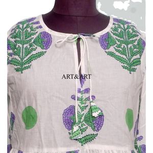 Vestido de mujer sencillo para el trabajo, con estampado floral y borlas, de algodón, corte A, manga abullonada, cuello redondo, vestido corto de algodón ecológico. - Product Image 2