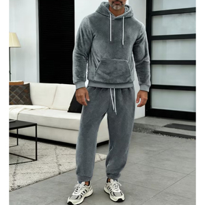 Men Velvet Full <b>Zip</b> <b>Hooded</b> Tracksuit Set Solid Color Fleece Sweatshirt Pants Casual Sportswear Autumn Wear - Product Image 5