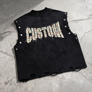 Camiseta de Verano Personalizada 100% Algodón, Desgastada, con Bordado y Pedrería, Manga Corta, Oversize, con Lavado Ácido y Efecto Vintage - Product Image 2