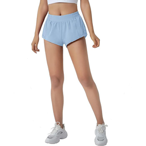 Shorts de sport pour femmes bleus, taille haute, en polyester, avec poche latérale zippée, cordon de serrage caché, respirants, pour le yoga - Product Image 2