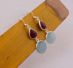Pendientes de Granate Rojo Natural y Calcedonia Azul, Plata de Ley 925, Pendientes Colgantes Multifacéticos con Múltiples Piedras, Joyería Hecha a Mano al por Mayor - Product Image 4