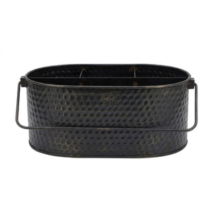 Porta cubiertos de metal galvanizado negro estilo rústico con mango de madera, organizador de utensilios portátil de 4 compartimentos para cocina y comedor - Product Image 2