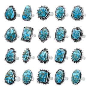 Bague en argent massif 925 fait main, incrustation de turquoise naturelle en cuivre de formes variées, sertie dans un cadre, estampillée à la main - Product Image 1
