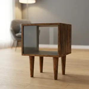 Rustic Wooden Bedside Cube Table with Open <b>Shelf</b> and <b>Tall</b> Tapered Legs for Bedroom - Product Image 6