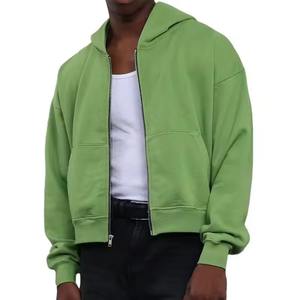 Sudadera con capucha y cremallera estilo streetwear, verde liso, de felpa francesa gruesa, con hombros caídos, holgada y corta, para hombre 2026 - Product Image 3