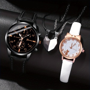 Casual Fashion Quartz Couple <b>Watch</b> Analog Leather Wrist <b>Watch</b> & Matching Heart Necklaces, 192033 - Product Image 6