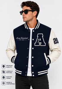Custom <b>Men</b>’s Varsity <b>Jacket</b> <b>Cream</b> Letterman <b>Jacket</b> Chenille Patch Rib Knit Collar Quilted Lining Snap Button Winter Baseball - Product Image 3