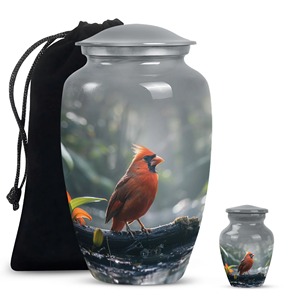 Urne funéraire en aluminium blanc, très vendue, avec motif de cardinal rouge et de fleurs bleues, pour cendres humaines, grande urne commémorative pour adultes. - Product Image 2