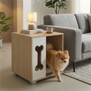 Cuccia Classica in Legno Massello per Cani e Gatti, Letto per Cani con Finestra a Forma di Osso e Gambe in Metallo Spesso, Stile Villa per Interni - Product Image 2