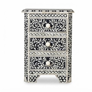 <b>Blue</b> Bone Inlay Eco-Friendly <b>Bedside</b> <b>Table</b> 3 Drawer Storage Cabinet Modern Floral Design Wooden Nightstand Home Apartment Hotel - Product Image 4
