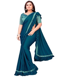 Saris vêtements de fête en soie indien dernier designer femmes portent sari avec chemisier japon satin crêpe soie tissus doux impression numérique sari vêtements - Product Image 1