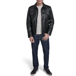 <b>Men</b>’s Genuine Leather <b>Trucker</b> <b>Jacket</b>, Classic Button Front Leather <b>Jacket</b> with Shirt Collar, Casual Vintage Workwear Outerwear - Product Image 2