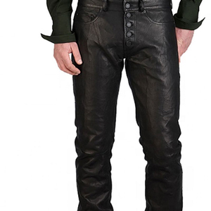 Pantalon Moto en Cuir PU Noir pour Homme, Taille Haute, Coupe Droite, Fermeture Boutonnée, Style Automne Délavé - Product Image 6