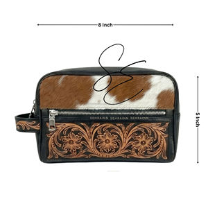 Black <b>Tooled</b> Leather Cosmetic <b>Bag</b> Hair On Hide Makeup Pouch Western Travel Organizer Unisex Dopp <b>Kit</b> - Product Image 3