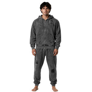 Survêtement gris délavé à capuche pour homme, fermeture éclair intégrale, couleur unie, pantalon de jogging décontracté 100 % coton, coupe classique, pour l'automne - Product Image 3