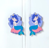 Tiradores de Madera de Acacia Decorativos al por Mayor para Cajones Infantiles, Tiradores de Gabinete con Diseño de Sirena para Guardería, Tiradores de Puerta para Niños
