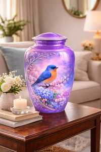 Urna Funeraria Morada para Adultos, Pintada a Mano con Pájaro Azul y Flores, Urna de Aluminio para una Memoria Tranquila - Product Image 4