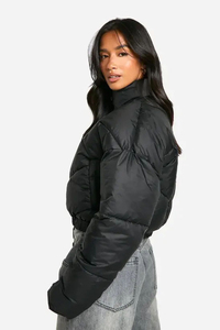 Dernière collection : Doudoune matelassée noire personnalisée pour femme, coupe courte, col montant, style bouffant, en duvet, idéale pour l'hiver - Product Image 3