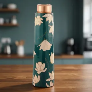 Bouteille d'eau en acier inoxydable à imprimé floral avec bouchon finition cuivre, bouteille de voyage isotherme vert turquoise - Product Image 4