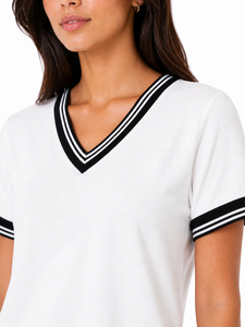 Camiseta de Mujer con Cuello en V y Ribete en Contraste, Manga Corta, Estilo Casual, Corte Ajustado, Ligera, Transpirable, Mezcla de Algodón, Elegante, para Verano - Product Image 4