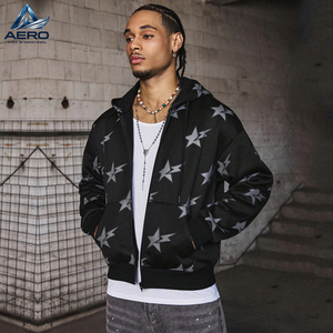 Sweat-shirt à capuche zippé pour homme, personnalisé OEM, imprimé motif étoiles sur toute la surface, fermeture éclair intégrale, en molleton, coupe ample - Product Image 1