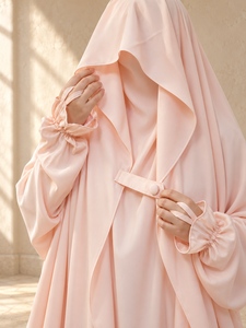 Abaya en mousseline rose poudré style saoudien avec voile intégral, poignets à volants, extensible dans quatre directions, pour femme, tenue de prière islamique modeste - Product Image 2