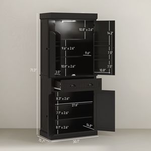 Armoire de rangement autoportante de 71 pouces de hauteur pour cuisine, noire, avec éclairage LED et tiroirs réglables - Product Image 3