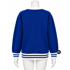 Cárdigan de punto para mujer al por mayor, azul y blanco, con estampado de pata de gallo, cuello en V, manga larga, informal, para otoño, 100% acrílico, con bolsillos, de un solo botón. - Product Image 4