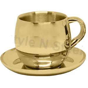 Tasse et soucoupe à double paroi en acier inoxydable de qualité supérieure avec design classique doré, ensemble de tasses à thé à double paroi avec poignée - Product Image 1