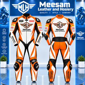 Traje de Motociclismo de Cuero Perforado Naranja y Blanco para Hombre, Ropa de Protección Transpirable para Motociclistas - Product Image 1