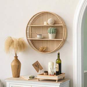 Vintage Circular Rattan <b>wall</b>-<b>mounted</b> <b>shelf</b> 2 Tier Bamboo Floating <b>Shelf</b> Bathroom Towel Cosmetic Storage Living Room Plant Holder - Product Image 5