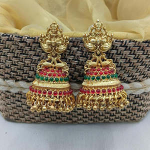 Pendientes Jhumki de Templo con Piedra Pota Bañados en Oro, de Latón y Acero Inoxidable, con Aro, Circonita y Perla, Estilo Étnico y de Moda para Fiestas -10574443PGR - Product Image 1