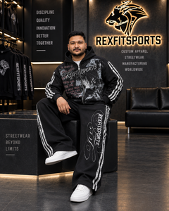 REXFITSPORTS Men <b>Black</b> DTF Printed Tracksuit Oversized <b>Zip</b> Up <b>Hoodie</b> Sweatpants Set Streetwear Two Piece Jogging Suit Private - Product Image 2