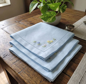 Custom Classic Square <b>Cloth</b> Napkins Embroidered Flowers Durable Reusable Machine Washable Hemstitch Blue <b>Linen</b> Home Airplane Use - Product Image 1
