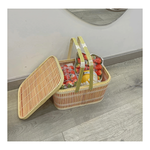 Square bamboo <b>basket</b> handmade from natural bamboo with handle for storage cake fruit and kitchen <b>display</b> use, crafted in Vietnam - Product Image 2