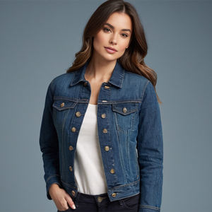 Veste en jean délavé foncé avec finition personnalisée Col à pression Poches chauffe-mains sur la poitrine Fermeture à glissière avec bouton Broderie XS à XXL - Product Image 4