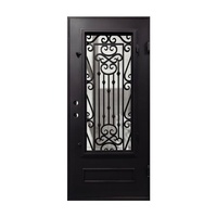 Porte d'entrée en fer forgé résistant à la rouille, facile à assembler, avec un panneau en verre cintré et un motif complexe.