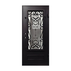 Puerta de entrada de hierro forjado resistente al óxido, fácil de montar, con un panel de vidrio arqueado y un diseño con motivos intrincados. - Product Image 1